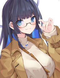 Rule 34 | 1girl, absurdres, bag, between breasts, black hair, blue eyes, blue hair, blunt bangs, blush, breasts, brown bag, brown coat, closed mouth, coat, colored inner hair, commentary, earclip, english commentary, engrish commentary, fang, glasses, halo, hand up, handbag, highres, hime cut, hololive, hololive english, large breasts, long hair, long sleeves, looking at viewer, multicolored hair, official alternate costume, official alternate hairstyle, open clothes, open coat, ouro kronii, ouro kronii (casual), semi-rimless eyewear, simple background, smile, solo, strap between breasts, sweater, turtleneck, turtleneck sweater, two-tone hair, upper body, virtual youtuber, white background, white sweater, xivi9