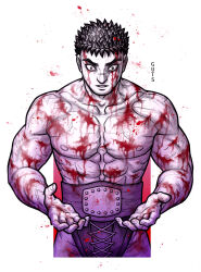 Rule 34 | 1boy, abs, belt, berserk, blood, blood in hair, blood on clothes, blood on face, blood on hands, blood splatter, character name, commentary, english commentary, guts (berserk), highres, limited palette, male focus, muscular, muscular male, pectorals, renedraws, scar, scar on arm, scar on face, scar on nose, solo, topless, upper body