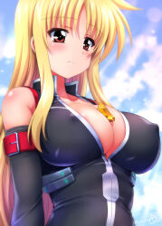 Rule 34 | 1girl, arm belt, bardiche (nanoha), bardiche (standby form) (nanoha), between breasts, blonde hair, blush, breasts, cleavage, covered erect nipples, fate testarossa, fate testarossa (true sonic form), highres, kamogawa tanuki, large breasts, long hair, lyrical nanoha, magical girl, mahou shoujo lyrical nanoha, red eyes, shiny skin, smile, solo, upper body, very long hair