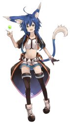 Rule 34 | 1girl, ahoge, animal ears, belt, black thighhighs, blue hair, boots, collarbone, crop top, cropped jacket, fox ears, full body, gloves, green eyes, looking at viewer, midriff, navel, open mouth, original, short hair with long locks, short sleeves, showgirl skirt, simple background, single glove, skirt, solo, standing, tail, teru (kazanawa), thighhighs, white background, zettai ryouiki