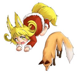 Rule 34 | 1girl, :3, absurdres, animal ears, bad id, bad twitter id, blonde hair, boots, doitsuken, dress, fang, fox, fox child (doitsuken), fox ears, fox tail, fur-trimmed dress, fur trim, highres, jumping, multiple tails, original, paw pose, red dress, red footwear, simple background, smile, solo, tail, thick eyebrows, two tails, white background, yellow eyes