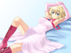 Rule 34 | 1girl, blonde hair, blue eyes, boots, choker, dress, elbow gloves, gloves, knee boots, lying, on back, shoes, solo, tenro aya