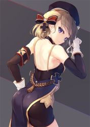 Rule 34 | 1girl, ass, azur lane, bare shoulders, beret, blonde hair, blue eyes, blush, bow, breasts, commentary request, cross, elbow gloves, eorx, gloves, hair between eyes, hair bow, hat, iron cross, looking at viewer, looking back, ribbon, short hair, sleeveless, solo, z23 (azur lane)