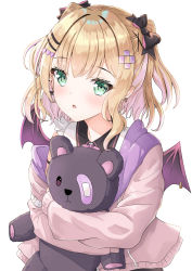 Rule 34 | 1girl, :o, bandaid, black bow, blonde hair, blush, bow, brown jacket, collared shirt, commentary request, drawstring, earrings, fang, green eyes, hair bow, hair ornament, hairclip, heart, heart hair ornament, highres, hood, hood down, hooded jacket, jacket, jewelry, kurumi noah, looking at viewer, multicolored hair, hugging object, open clothes, open jacket, parted lips, pink hair, shirt, simple background, solo, streaked hair, stuffed animal, stuffed toy, synn032, teddy bear, two side up, virtual youtuber, vspo!, white background, white shirt, x hair ornament