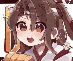 Rule 34 | 1girl, blush, brown eyes, brown hair, egg, food, hachimaki, hagino chihiro, headband, japanese clothes, kantai collection, long hair, omelet, one-hour drawing challenge, open mouth, ponytail, portrait, simple background, solo, sparkle, tamagoyaki, zuihou (kancolle)