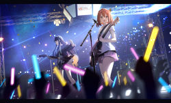 Rule 34 | 2girls, 6+others, :d, absurdres, akiyama mio, alisi, bass guitar, black hair, brown eyes, brown hair, commentary request, concert, drum, drum set, electric guitar, glowstick, guitar, highres, hirasawa yui, holding, holding instrument, instrument, k-on!, letterboxed, long hair, microphone, microphone stand, multiple girls, multiple others, open mouth, pink skirt, revision, sakuragaoka high school uniform, school uniform, shirt, short hair, short sleeves, skirt, sleeves rolled up, smile, stage, white shirt