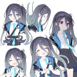 Rule 34 | &lt;key&gt; (blue archive), 1girl, ainy, aris (blue archive), black hair, black hairband, blue archive, blue eyes, blue necktie, blush, bright pupils, closed eyes, collared shirt, controller, expressionless, game controller, hair between eyes, hairband, holding, holding controller, holding game controller, jacket, multiple views, necktie, no halo, one side up, open clothes, open jacket, open mouth, pleated skirt, profile, red eyes, shirt, simple background, sketch, skirt, smile, wavy mouth, white background, white pupils