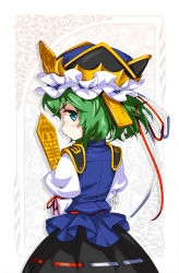 Rule 34 | 1girl, blue eyes, blush, female focus, from behind, frown, green hair, hat, hong (white spider), looking back, ribbon, rod of remorse, shiki eiki, short hair, skirt, solo, touhou