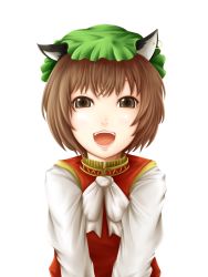 Rule 34 | 1girl, animal ears, bad id, bad pixiv id, brown eyes, brown hair, cat ears, cat girl, chen, daizu (daizubatake), female focus, hat, highres, open mouth, realistic, simple background, solo, touhou, upper body, white background