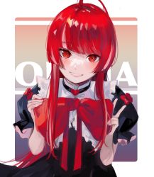Rule 34 | 1girl, ahoge, black choker, black dress, blush, bow, choker, commentary, dress, grin, highres, holding, holding bow (ornament), hololive, hololive indonesia, kureiji ollie, long hair, looking at viewer, olivia (kureiji ollie), puffy short sleeves, puffy sleeves, red bow, red eyes, red hair, short sleeves, smile, solo, upper body, v, virtual youtuber, wwwow