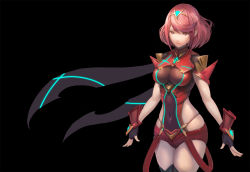 Rule 34 | 1girl, breasts, earrings, fingerless gloves, gloves, jewelry, large breasts, nintendo, pyra (xenoblade), red eyes, red hair, short hair, shorts, sidelocks, simple background, smile, solo, tenshin kagehisa, tiara, xenoblade chronicles (series), xenoblade chronicles 2, xenoblade chronicles (series), xenoblade chronicles 2