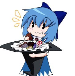 Rule 34 | 1girl, :t, ^^^, blue hair, blush, cirno, dress, eating, food, hat, jpeg artifacts, non-web source, ribbon, simple background, solo, sweets, touhou, white background, witch hat, | |