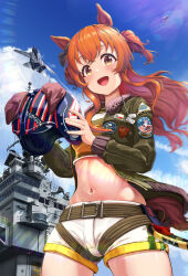 Rule 34 | 1girl, absurdres, aircraft, airplane, animal ears, blue sky, cloud, cloudy sky, commentary request, day, estrella (uypu4574), fighter jet, green jacket, unworn headwear, helmet, unworn helmet, highres, holding, holding helmet, horse ears, horse girl, horse tail, jacket, jet, long hair, long sleeves, looking at viewer, mayano top gun (umamusume), military vehicle, navel, open clothes, open jacket, open mouth, outdoors, shorts, sky, smile, solo, standing, sunlight, tail, top gun, umamusume