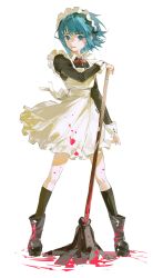 Rule 34 | 1girl, absurdres, alternate costume, apron, baifeidaiwang, black footwear, blood, blood on clothes, blood splatter, blue eyes, blue hair, boots, enmaided, full body, highres, holding, holding mop, kneehighs, legs apart, looking to the side, mahou shoujo madoka magica, mahou shoujo madoka magica (anime), maid, maid apron, maid headdress, miki sayaka, mop, neck ribbon, no pupils, open mouth, pink blood, ribbon, short hair, simple background, smile, socks, solo, standing, white apron, white background, white socks