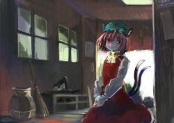 Rule 34 | 1girl, animal ears, backlighting, bow, bowtie, broom, brown hair, cat ears, cat tail, ceiling, chen, closed mouth, commentary request, dated, day, dress, gold trim, green hat, hat, ichiba youichi, indoors, light smile, long sleeves, looking at viewer, mob cap, multiple tails, nail polish, nekomata, own hands together, painterly, petite, puffy long sleeves, puffy sleeves, red dress, red eyes, red nails, short hair, solo, tail, touhou, two tails, v arms, vase, white bow, white bowtie, window