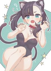 Rule 34 | 1girl, alternate costume, animal ears, asymmetrical bangs, black nails, blush, breasts, brown hair, claw pose, cleavage, collar, commentary request, creatures (company), earrings, eyelashes, fang, game freak, green eyes, hands up, highres, jewelry, knees, leotard, long hair, looking at viewer, marnie (pokemon), n2ewu, nail polish, nintendo, open mouth, pokemon, pokemon swsh, red collar, single earring, smile, solo, star (symbol), tail, twintails