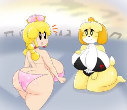 Rule 34 | 2girls, animal crossing, animal ears, ass, bikini, blonde hair, breasts, crown, furry, furry female, furry with non-furry, highres, huge ass, huge breasts, interspecies, isabelle (animal crossing), lipstick, looking at viewer, looking back, makeup, mario (series), multiple girls, new super mario bros. u deluxe, nintendo, open mouth, peachette, pink lips, super smash bros., swimsuit, tail, touhoufan, twintails