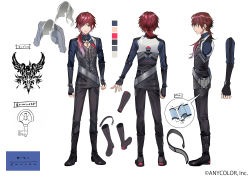 1boy belt black_footwear black_gloves black_pants reference_sheet cleavage_cutout clothing_cutout cocokanata colored_tips feathers fingerless_gloves gloves green_eyes hair_behind_ear highres lauren_iroas lauren_iroas_(1st_costume) looking_at_viewer male_focus multicolored_hair multiple_views nijisanji official_art pants pectoral_cleavage pectorals purple_hair red_hair virtual_youtuber white_background