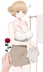 Rule 34 | 1girl, ?, blonde hair, blush, breasts, brown skirt, cleavage, collarbone, commentary request, cowboy shot, earrings, elf, flower, green eyes, hair bun, highres, holding, holding flower, jewelry, korean commentary, large breasts, long hair, looking at viewer, mixed-language commentary, mochirong, mole, mole on breast, mole on neck, mole under eye, necklace, original, pointy ears, ring, rose, shirt, short eyebrows, simple background, skirt, smile, standing, sweat, tank top, thick eyebrows, white background, white shirt