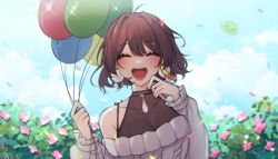 Rule 34 | 1girl, ^ ^, balloon, blush, breasts, cleavage, closed eyes, collarbone, commentary, english commentary, flower, fortissimo, grey sweater, hair ornament, halterneck, highres, holding, holding balloon, lilia (lilia uwu), medium breasts, miori celesta, miori celesta (2nd costume), mogu (miori celesta), musical note, musical note hair ornament, off-shoulder sweater, off shoulder, official alternate costume, pink flower, short hair, solo, sparkle, sweater, treble clef, tsunderia, virtual youtuber