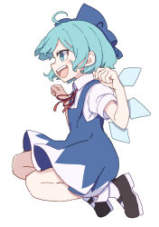 Rule 34 | 1girl, absurdres, ahoge, black footwear, blue bow, blue dress, blue eyes, blue hair, blush stickers, bow, cirno, collared shirt, dress, fairy, from side, full body, hair bow, highres, ice, ice wings, kame (kamepan44231), one-hour drawing challenge, open mouth, pinafore dress, shirt, shoes, short hair, short sleeves, simple background, sleeveless, sleeveless dress, smile, socks, solo, touhou, white background, white shirt, white socks, wings