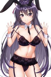 Rule 34 | 1girl, absurdres, alternate costume, animal ears, bare arms, bare shoulders, between breasts, black hairband, bra, breasts, cleavage, closed mouth, collarbone, commission, cowboy shot, date a live, detached collar, fake animal ears, garter belt, hair ribbon, hairband, hands up, highres, lace, lace-trimmed bra, lace trim, large breasts, lingerie, long hair, looking at viewer, nahanmin, navel, necktie, necktie between breasts, panties, ponytail, pulled by self, purple bra, purple eyes, purple hair, purple panties, rabbit ears, ribbon, smile, solo, standing, stomach, strap pull, string bra, thighs, underwear, underwear only, very long hair, wrist cuffs, yatogami tooka