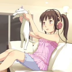 Rule 34 | 1girl, bare arms, bloomers, blue bloomers, blush, brown eyes, brown hair, cable, cat, couch, from side, headphones, holding, indoors, lamp, longcat (meme), looking away, meme, meow (nekodenki), open mouth, original, short ponytail, sitting, sleeveless, sliding doors, smile, solo, underwear, white cat