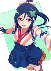 Rule 34 | 1girl, blue hair, bow, detached sleeves, earrings, frills, from above, glint, gloves, hair bow, hair ornament, highres, jewelry, long hair, looking at viewer, love live!, love live! sunshine!!, matsuura kanan, mijuku dreamer, nanotsuki, open mouth, outside border, outstretched arms, partially fingerless gloves, pleated skirt, ponytail, purple eyes, skirt, smile, solo