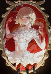 Rule 34 | 1girl, blonde hair, blood, blood on hands, breasts, broken mirror, cheonpyong, claws, cowboy shot, dungeon meshi, falin touden, falin touden (chimera), feathers, hands up, highres, looking at viewer, mirror, monster girl, navel, red background, short hair, slit pupils, smile, solo, taur, underboob, yellow eyes