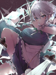 Rule 34 | 1girl, absurdres, alternate breast size, apron, ascot, between fingers, blue gloves, blush, bow, braid, breasts, commentary, gloves, grey eyes, grey hair, highres, holding, holding knife, izayoi sakuya, knee up, knife, knives between fingers, large bow, large breasts, looking at viewer, maid headdress, puffy short sleeves, puffy sleeves, short hair, short hair with long locks, short sleeves, side braids, solo, touhou, twin braids, waist apron, waist bow, white ascot, white bow, wrist cuffs, yukirei
