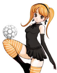 Rule 34 | 1girl, ball, brown eyes, elbow gloves, gloves, kazaana, multicolored clothes, multicolored legwear, orange hair, original, playing sports, soccer, soccer ball, solo, striped clothes, striped thighhighs, thighhighs, twintails, white soccer ball