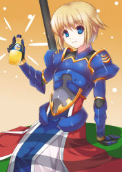 Rule 34 | 1girl, armor, blonde hair, blue eyes, drink, gauntlets, highres, knight, orangina, original, personification, product placement, rick.black, short hair, sitting, smile, solo