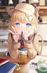 Rule 34 | 1girl, animal print, beige jacket, blonde hair, blue eyes, blurry, blurry background, blush, book, breasts, brown capelet, brown hat, brown jacket, bubble tea, cameo, capelet, chair, collared shirt, commentary, cup, day, depth of field, detective, disposable cup, drink, drinking straw, elbows on table, english commentary, food, fruit, gawr gura, gears, grapes, hair ornament, hairclip, hands up, hat, head rest, highres, hitsukuya, hololive, hololive english, indoors, jacket, large breasts, long sleeves, looking at viewer, magnifying glass, mouth hold, mustache print, necktie, on chair, photo (object), plaid, plaid headwear, pocket watch, pov across table, red necktie, roman numeral, shirt, short necktie, sitting, solo, straight-on, table, v, virtual youtuber, watch, watson amelia, white shirt