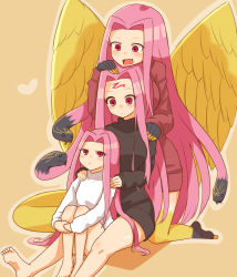 Rule 34 | 3girls, :&lt;, absurdres, barefoot, black sweater, blush, breasts, facial mark, fang, fate/grand order, fate/hollow ataraxia, fate/stay night, fate (series), feathered wings, forehead mark, snake hair, gorgon (fate), hair intakes, hand on another&#039;s head, hand on another&#039;s shoulder, highres, large breasts, long hair, makano mucchi, medusa (fate), medusa (lancer) (fate), medusa (rider) (fate), monster girl, multiple girls, multiple persona, mutti1057, open mouth, purple hair, rider, scales, snake hair, sweater, tail, thighs, very long hair, white sweater, wings