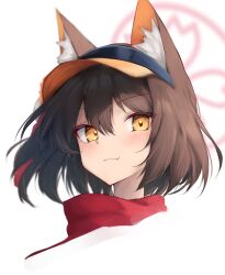 Rule 34 | 1girl, animal ear fluff, animal ears, blue archive, blush, brown hair, fang, fox ears, fox girl, hair between eyes, halo, highres, inre kemomimi, izuna (blue archive), izuna (swimsuit) (blue archive), looking at viewer, official alternate costume, red scarf, scarf, short hair, skin fang, smile, solo, visor cap, yellow eyes