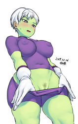 Rule 34 | 1girl, alien, blush, breasts, cheelai, colored skin, covered erect nipples, covered navel, dated, dot nose, dragon ball, dragon ball super, dragon ball super broly, female focus, female pubic hair, from below, gloves, green skin, large breasts, navel, no bra, no humans, no panties, nose blush, pubic hair, pulling own clothes, pussy, pussy peek, self exposure, short hair, simple background, skin tight, solo, sparse pubic hair, thighs, tsukudani (coke-buta), uncensored, white background, white gloves, white hair