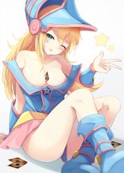 Rule 34 | 1girl, :p, ;), ass, bare shoulders, between breasts, blonde hair, blue footwear, blue hat, blush stickers, boots, breasts, card, card between breasts, cleavage, collarbone, commentary request, dark magician girl, gradient background, green eyes, grey background, hair between eyes, hand up, hat, head tilt, highres, igayan, knees up, large breasts, long hair, looking at viewer, miniskirt, off-shoulder shirt, off shoulder, one eye closed, pentagram, pink skirt, shadow, shirt, sitting, skirt, smile, solo, star (symbol), thighs, tongue, tongue out, w, white background, yu-gi-oh!