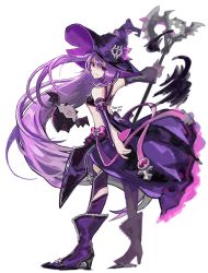 Rule 34 | 1girl, aisha landar, black bra, boots, bra, breasts, buding i, detached sleeves, elsword, floating hair, from side, full body, grin, hat, holding, holding staff, long hair, long sleeves, looking at viewer, oz sorcerer (elsword), purple eyes, purple footwear, purple hair, purple hat, purple legwear, purple skirt, purple sleeves, simple background, skirt, small breasts, smile, solo, staff, standing, underboob, underwear, very long hair, white background, witch hat