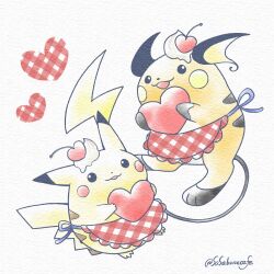 Rule 34 | 1990s (style), apron, checkered apron, checkered clothes, cherry, clothed pokemon, creatures (company), food, fruit, game freak, gen 1 pokemon, heart, highres, holding, holding heart, nintendo, no humans, open mouth, painting (medium), pikachu, pokemon, pokemon (creature), raichu, red apron, retro artstyle, sasabunecafe, simple background, smile, traditional media, twitter username, watercolor (medium), whipped cream