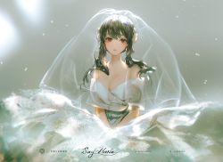 Rule 34 | 1girl, artist name, bare shoulders, blurry, blurry background, breasts, bridal veil, cleavage, commentary, day, depth of field, dress, earrings, flower, hair flower, hair ornament, jewelry, large breasts, looking at viewer, mature female, off-shoulder dress, off shoulder, outdoors, parted lips, pixiv id, red eyes, revision, say hana, short hair with long locks, sidelocks, signature, smile, solo, spy x family, sunlight, twitter username, upper body, veil, wedding dress, white dress, white flower, yor briar
