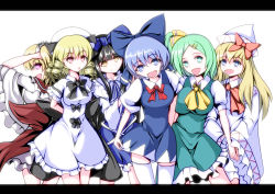 Rule 34 | 6+girls, breasts, cirno, daiyousei, dress, highres, large breasts, letterboxed, lily white, luna child, merry (diameri), miniskirt, multiple girls, no wings, open mouth, skirt, star sapphire, sunny milk, thighhighs, touhou, yousei daisensou
