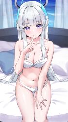 Rule 34 | 1girl, bare shoulders, blue archive, breasts, cleavage, highres, katzchen, looking at viewer, medium breasts, noa (blue archive), on bed, purple eyes, sitting, smile, solo, white hair