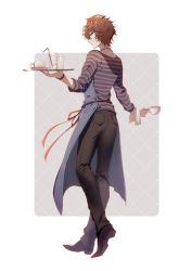 Rule 34 | 1boy, apron, banned artist, black pants, blue apron, brown eyes, brown hair, closed mouth, cup, drinking straw, from side, full body, granblue fantasy, hair between eyes, highres, holding, holding cup, holding plate, long sleeves, male focus, pants, plate, red ribbon, ribbon, sandalphon (granblue fantasy), shirt, short hair, smile, solo, standing, striped clothes, striped shirt, tsukumi (tkmillust)