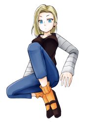 Rule 34 | 1girl, absurdres, android 18, blonde hair, blue eyes, breasts, capri pants, denim, dragon ball, dragon ball z, dragonball z, earrings, full body, highres, jeans, jewelry, large breasts, pants, pout, short hair, simple background, sitting, solo, unagihime, white background