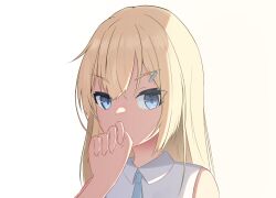 Rule 34 | 1girl, bare shoulders, blonde hair, blue eyes, blue necktie, collared shirt, commentary request, covered mouth, hair between eyes, hair ornament, hairclip, hand up, highres, kuronagi (mitora uwu), long hair, looking at viewer, necktie, original, shirt, simple background, sleeveless, sleeveless shirt, solo, upper body, white background, white shirt