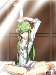 Rule 34 | 1girl, breasts, c.c., cleavage, code geass, green hair, long hair, mask, unworn mask, meimi k, sitting, solo, stretched limb, yellow eyes