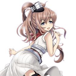 Rule 34 | 10s, 1girl, :d, ass, blue eyes, brown hair, commentary request, garter straps, grey eyes, headgear, kantai collection, long hair, looking at viewer, neckerchief, open mouth, ponytail, red neckerchief, red thighhighs, revision, saratoga (kancolle), side ponytail, simple background, smile, smokestack, solo, thighhighs, tk8d32, white background