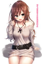 Rule 34 | 1girl, :d, arm support, bad id, bad pixiv id, bang dream!, belt, belt buckle, black belt, blush, brown hair, brown sweater, buckle, collarbone, commentary request, dress, earrings, gluteal fold, grey eyes, hair between eyes, hand up, high ponytail, highres, imai lisa, jewelry, long hair, long sleeves, looking at viewer, off-shoulder sweater, off shoulder, open mouth, panties, pink panties, ponytail, ramchi, ribbed sweater, shadow, signature, sitting, sleeves past wrists, smile, solo, sweater, sweater dress, translated, underwear, v-shaped eyebrows, very long hair, white background