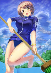 Rule 34 | 1girl, :d, bare legs, barefoot, blue jacket, blue one-piece swimsuit, blush, bracelet, breasts, broom, brown eyes, brown hair, chain-link fence, cloud, competition school swimsuit, day, emanon123, fence, from below, highres, holding, holding broom, jacket, jewelry, knees together feet apart, large breasts, leg up, legs together, long sleeves, looking at viewer, looking down, one-piece swimsuit, open mouth, original, plant, pool, round teeth, running, school swimsuit, short hair, sleeves past elbows, sleeves pushed up, smile, solo, swimsuit, swimsuit under clothes, teeth, toes, tree, water, water drop, zipper