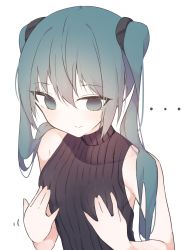 Rule 34 | ..., 1girl, aqua eyes, aqua hair, bad id, bad pixiv id, bare shoulders, black sweater, breast conscious, breasts, collarbone, commentary, empty eyes, giryu, hands on own breasts, hatsune miku, long hair, ribbed sweater, sleeveless, sleeveless sweater, small breasts, solo, sweater, turtleneck, turtleneck sweater, twintails, upper body, vocaloid, white background